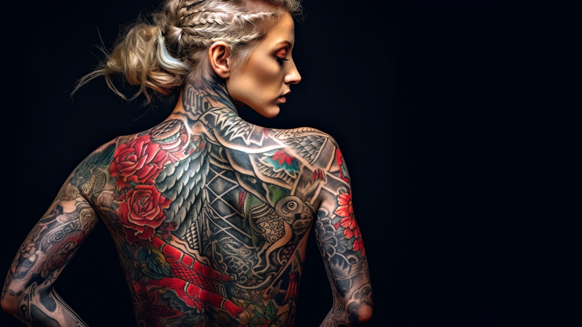 Tattoo artist woman Portrait of tattooed full body with black background copy space, creative design