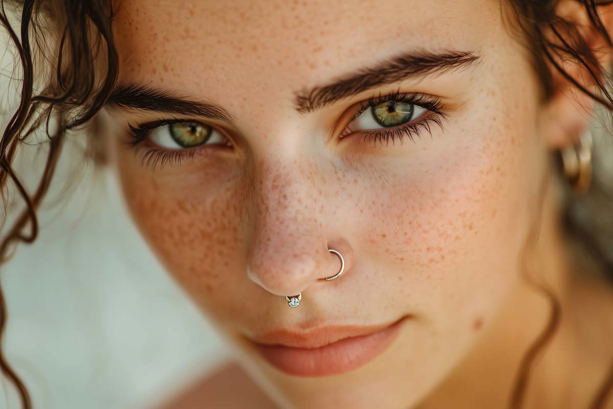 Eine Person mit grünen Augen, Sommersprossen, Nasenring, braunem Haar und neutralem Gesichtsausdruck.