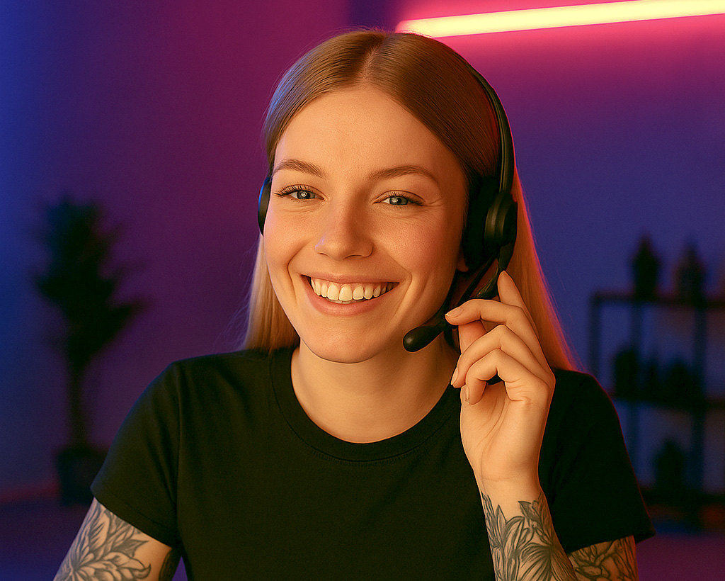 Junge lächelnde Frau mit Headset, Tätowierungen, im neonbeleuchteten Raum.