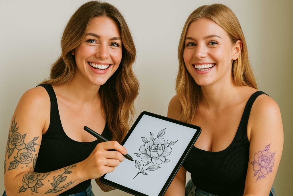 Zwei lächelnde Frauen mit Tattoos zeigen ein Tablet mit einer Blumenzeichnung.