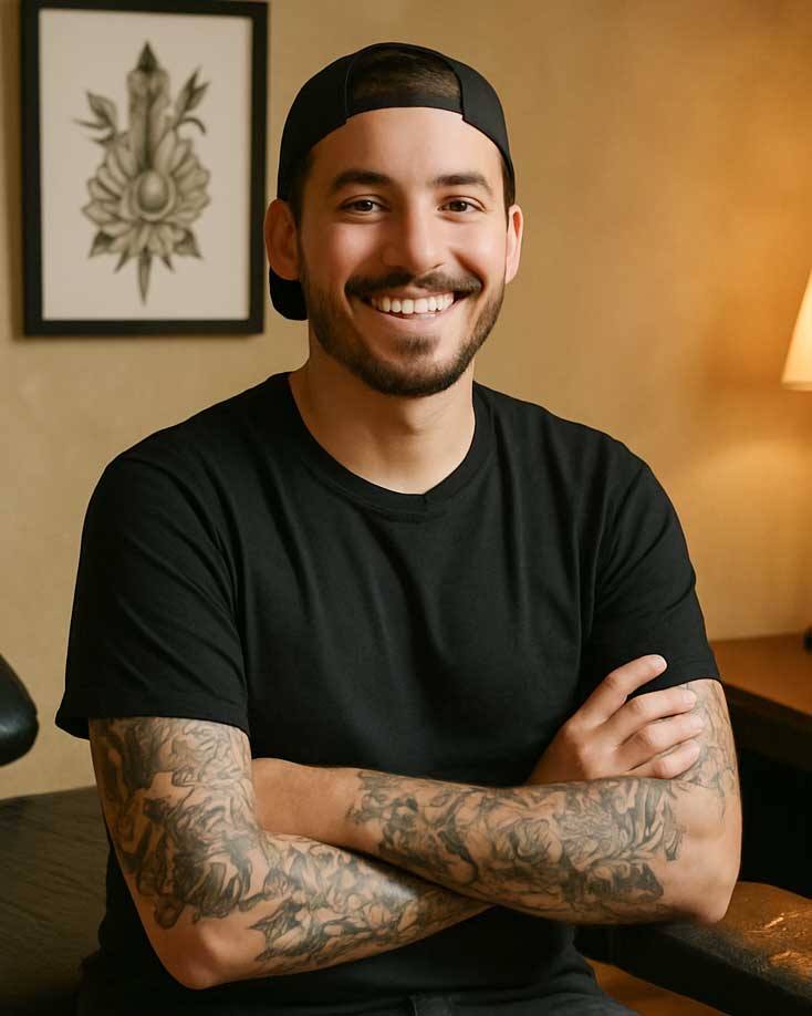Mann mit Tattoo-Ärmeln lächelt freundlich, trägt ein schwarzes T-Shirt.